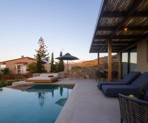 Marni Hotel Luxury Two Bedroom Villa Private Pool outdoor pool area with sunbeds and lounge area