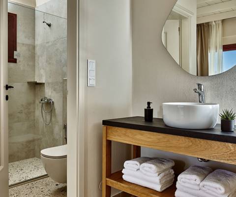 Marni Hotel Superior House Suite bathroom with walk-in shower and vanity with round mirror and vessel sink 