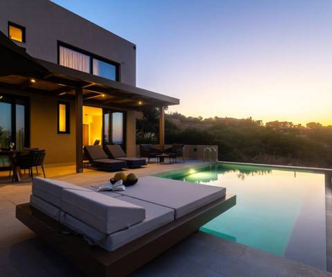 Marni Hotel Luxury Two Bedroom Villa outdoor area with private pool, wooden pergola, sitting table, an sunbeds at dusk