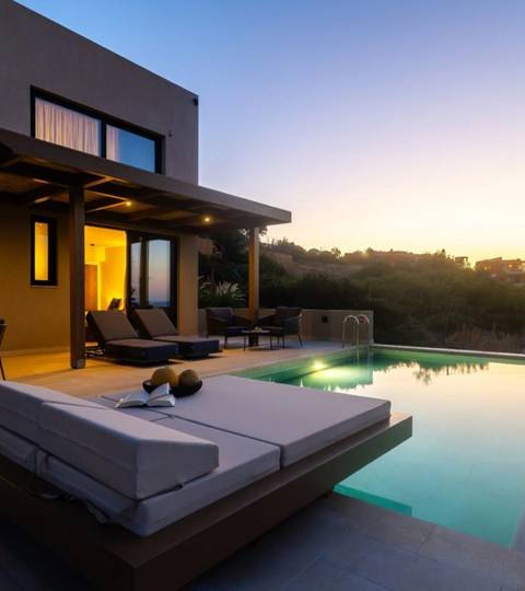 Marni Hotel Luxury Two Bedroom Villa outdoor area with private pool, wooden pergola, sitting table, an sunbeds at dusk