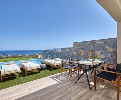 Marni Hotel Deluxe Maisonette Private Pool outdoor terrace with sitting area, private pool and sunbeds