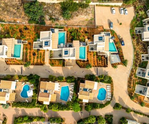 Marni Village top down aerial view of the villas with private pools and parking