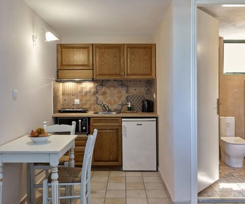 Marni Hotel Premium Studio Kitchenette close-up, featuring wooden cabinets, a mini-fridge and decorative vintage tiles