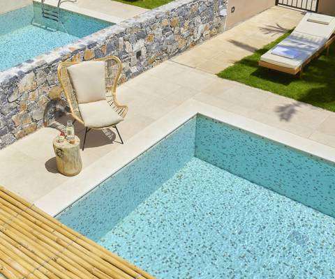 Marni Hotel Studio Private Pool private pool with sunbeds, bamboo shade, and garden 