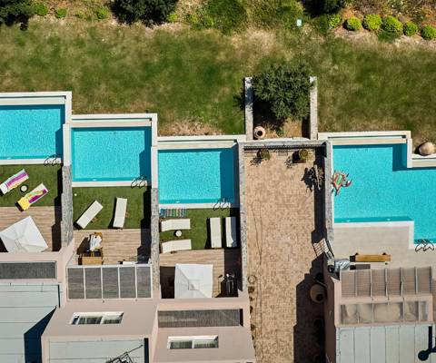 Marni Village aerial top down view of villas and suites with private terraces with pools