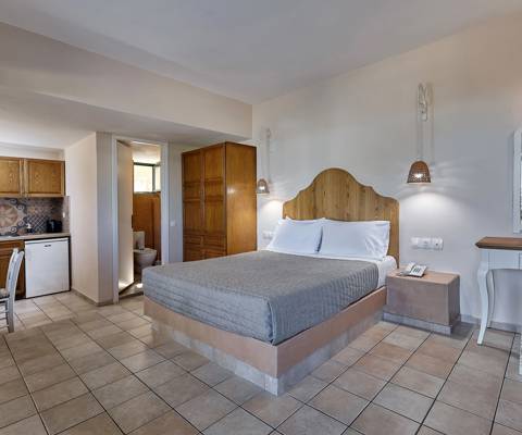 Marni Hotel Premium Studio featuring a double bed, kitchenette, dining area and natural wooden decor