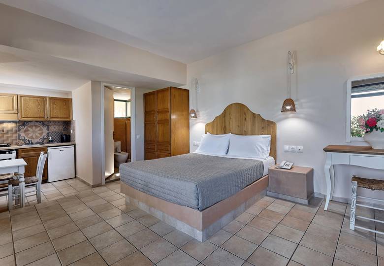 Marni Hotel Premium Studio featuring a double bed, kitchenette, dining area and natural wooden decor