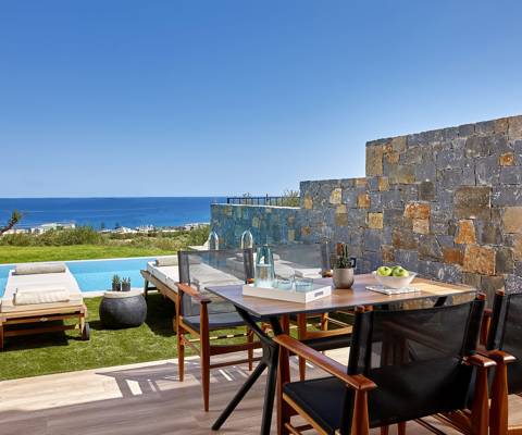 Marni Hotel Deluxe Maisonette Private Pool outdoor terrace with sitting area, private pool and sunbeds